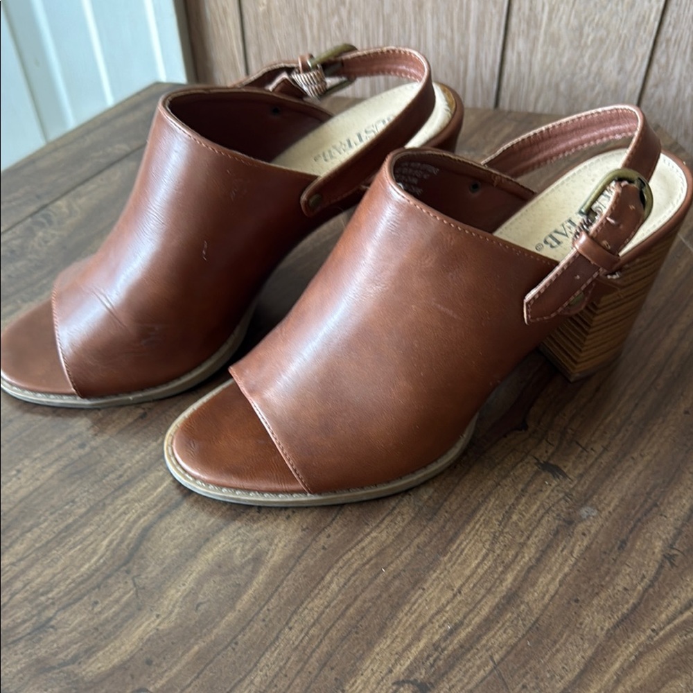 JustFab Brown Leather Mules with Chunky Heel